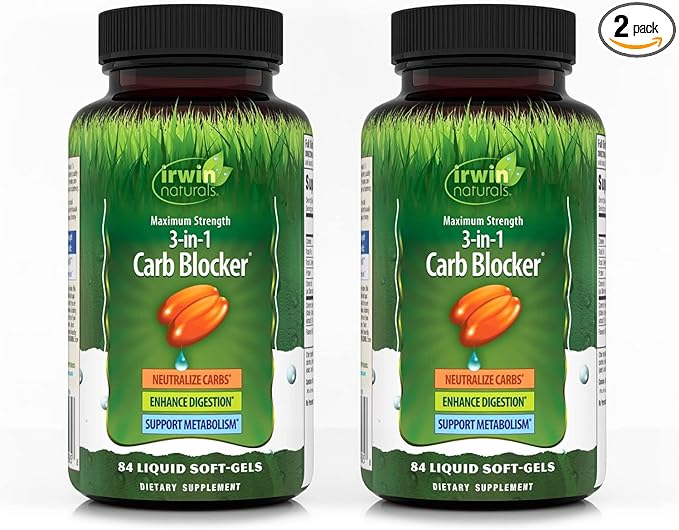 Irwin Naturals Maximum Strength 3-in-1 Carb Blocker - Neutralize Carbohydrates, Aids Digestion and Metabolism Booster - White Kidney Bean Extract + Chromium + Enzyme Blend - 84 Soft-Gels - 2 Pack