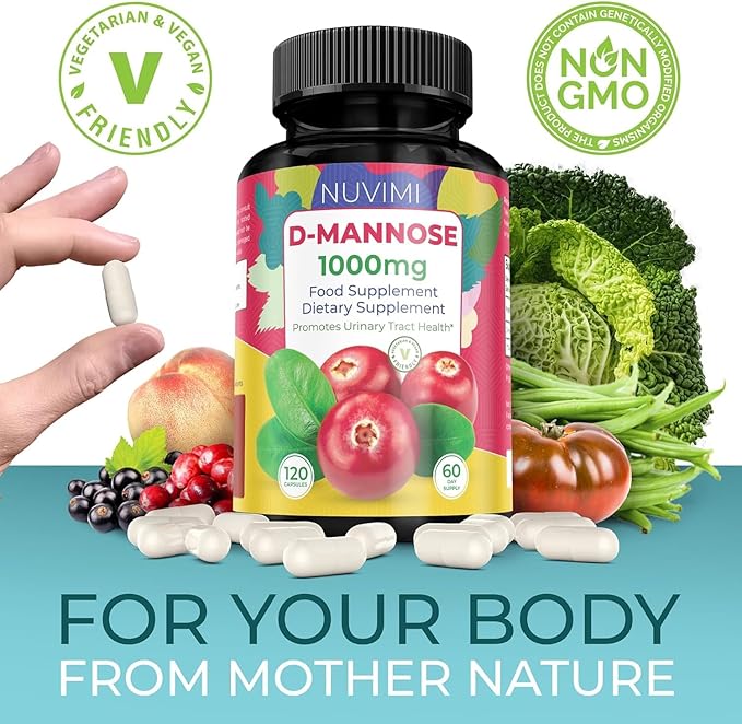 D Mannose 120 Capsules - 1000 mg per Dose - Dietary Supplement Helps Promote Urinary Tract Health - Natural Vegan UTI Defense