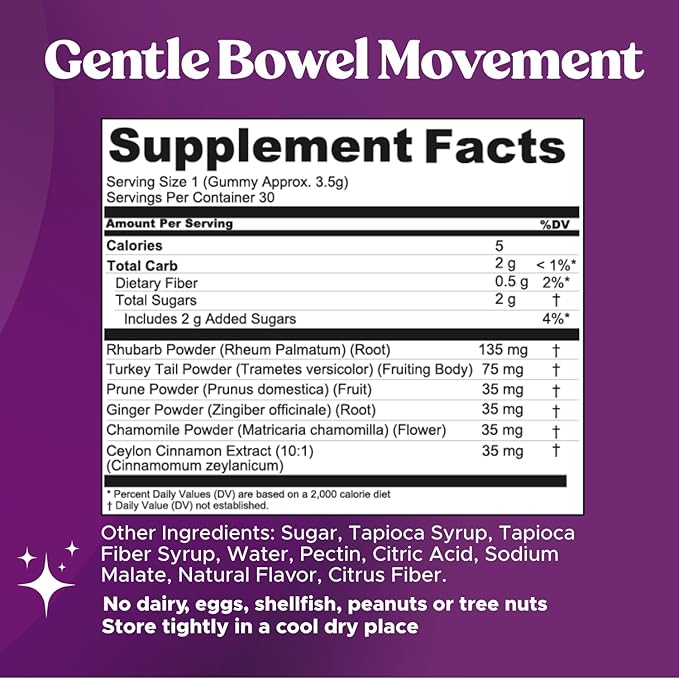 Fungiments Super Prune - Mushroom Supplement - Turkey Tail Mushrooms, Fiber, Rhubarb, Prunes, Ginger, Chamomile - Debloating, Constipation Relief (30 Mushroom Gummies)