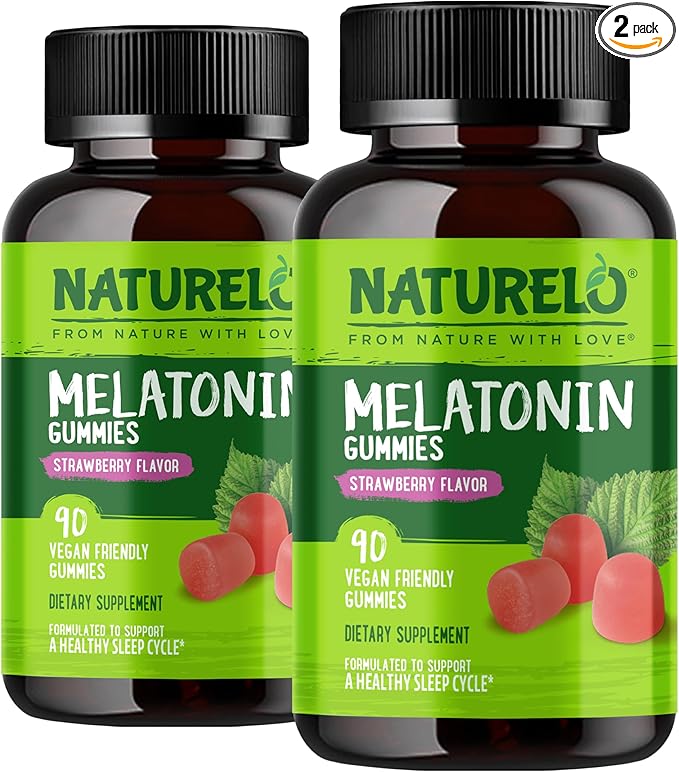 NATURELO Melatonin Gummies – Non-GMO, Gluten-Free, Soy Free - Strawberry Flavor - Gentle Sleep Supplement - 180 Vegetarian Gummies (Pack of 2)
