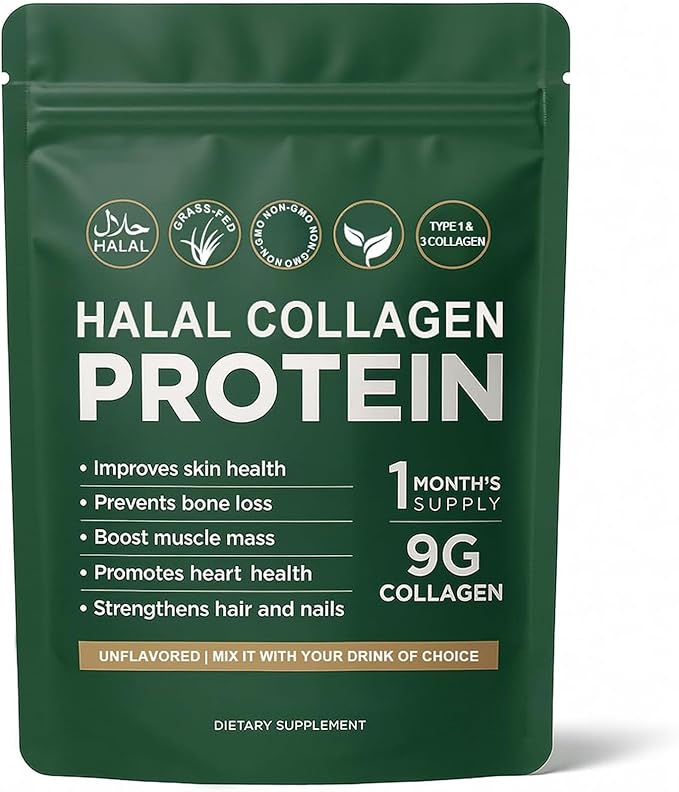 Halal Collagen Protein Powder, Grass-Fed Collagen Peptides Powder, Type I&III, 100% Hydrolyzed for Hair, Skin, Nails, Gut, Bone & Joint Health for Women and Men, Sugar Free, Unflavoured (1)
