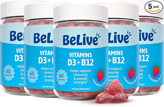 BeLive Vitamin D3 Gummies with B12 Vitamins - Immune Support Gummies with Vegan Vitamin B12 & D3, Provides Enhanced Bone & Muscle Strength, Hearth Health and Energy - Strawberry Flavor | 5-Pack
