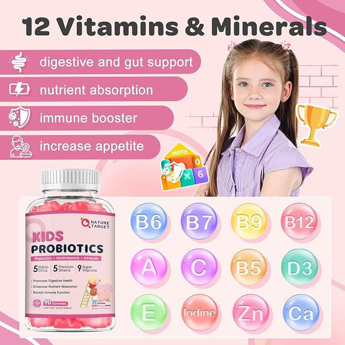 Probiotics for Kids, Kids Probiotic-Multivitamin Gummies with 5 Billion CFUs for Digestive Health & Immune Support, with Vitamins, Prebiotics, Minerals for Children, Natural Peach Flavor, 45 Servings