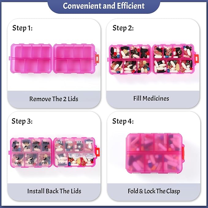 Foldable & Portable Weekly Pill Organizer 2 Times a Day with Clear Printed Labels - 7 Day AM PM Medicine Box, Week Daily Travel Pill Case Holder for Medications, Vitamin, Supplement - Clear Pink