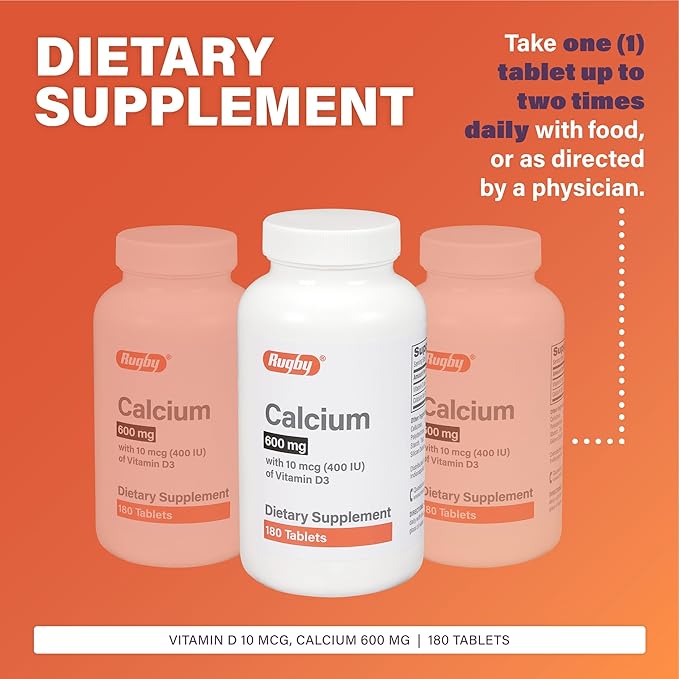 Rugby 600mg Calcium Tablets - Made with 10mcg (400IU) of Vitamin D3 - Dietary Supplement - 180 Count (1 Pack)