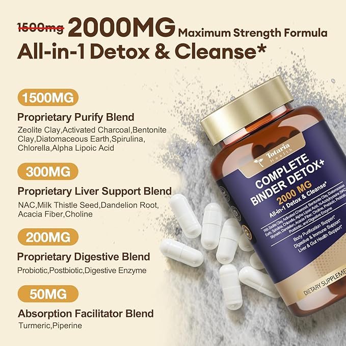 2Pack 2000MG Complete Binder Detox+ Activated Charcoal, Zeolite, Bentonite Clay, NAC, Milk Thistle, Probiotic, All-in-1 Detox & Cleanse Supplement, Liver & Gut Support, 240 Capsules