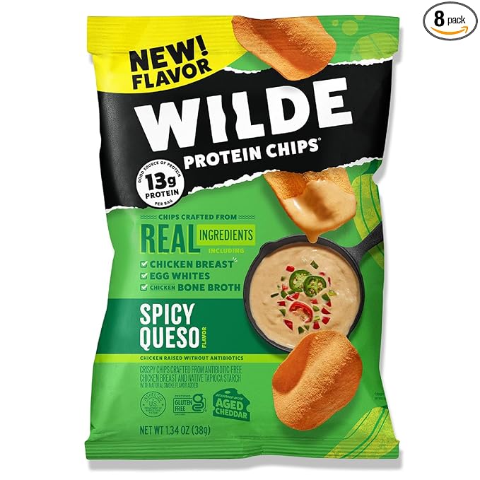 WILDE Protein Chips Spicy Queso, Thin and Crispy High Protein Snacks, Keto Friendly, Low Carb Chips, Real Ingredients, 1.34oz (Pack of 8)