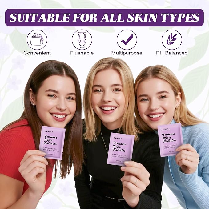 Feminine Wipes Individually Wrapped, Flushable Wipes Travel,Feminine Care Vaginal Wipes for Adult,Women, Girl and Homeless (Pack of 50,Lavender)