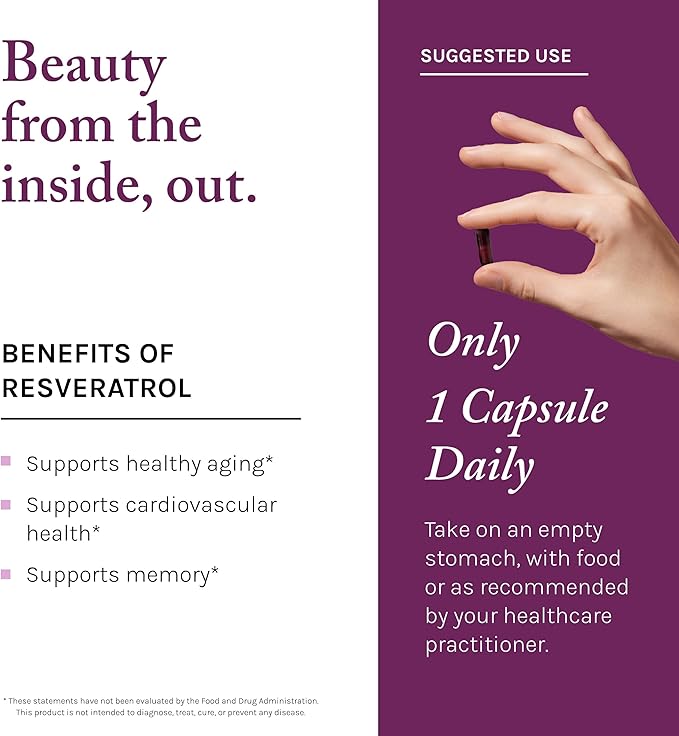 Reserveage Beauty Resveratrol Plus+ 500 mg - Rapid-Release Resveratrol Capsules with Quercetin for Immune System, Brain Health & Cellular Health - Gluten-Free & Vegan - 30 Veggie Capsules