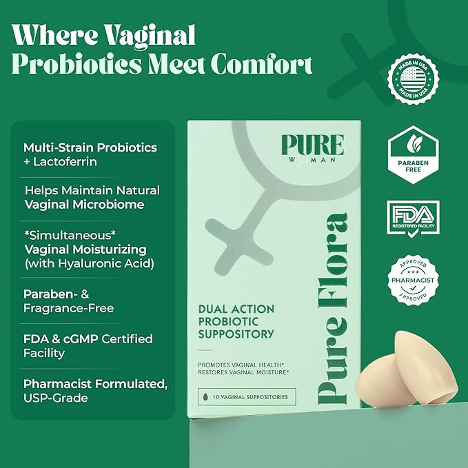 Pure Flora Vaginal Probiotic Suppository - 4 Strain Lactobacillus + Lactoferrin + USP Hyaluronic Acid - Promotes Healthy Vaginal Microbiome, Odor, BV, pH Balance, & Dryness Relief - Natural - 10 Count
