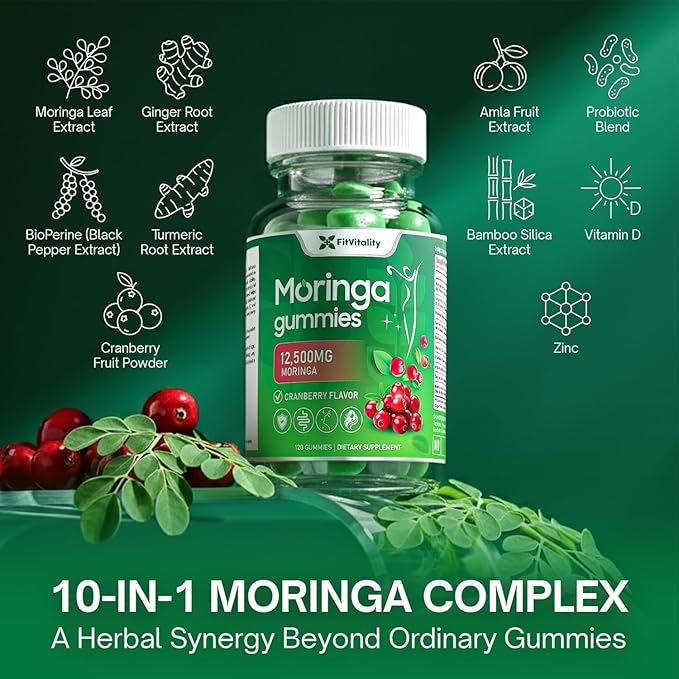 120 Moringa Gummies with Ginger, Turmeric, Cranberry, Amla Fruit & Probiotics | Vegan, Sugar-Free Gummies