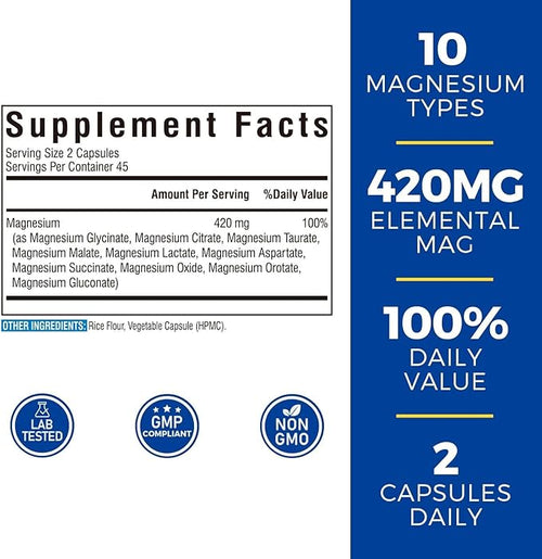 10 in 1 Magnesium Complex, 420mg Elemental Magnesium | Ultra Strength, Max Absorption | Chelated Magnesium Supplement for Nerves, Bone & Heart Health | Non-GMO, 90 Vegan Capsules