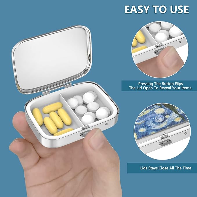 Pill Box 2 Compartment Small Pill Case,Portable for Pocket or Purse Pill Organizer Pill Container Holder to Hold Vitamins, Medication, Fish Oil and Supplements(Turquoise Green Marble)