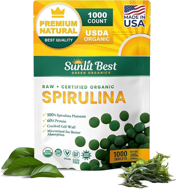 Sunlit Best - USDA Organic Spirulina Tablet - Natural Super Greens Supplements for Immune Support, Gut Health & Boost Energy Tablets with Chlorophyll, Vegan & High Protein Non GMO, 1000 Superfood Tabs