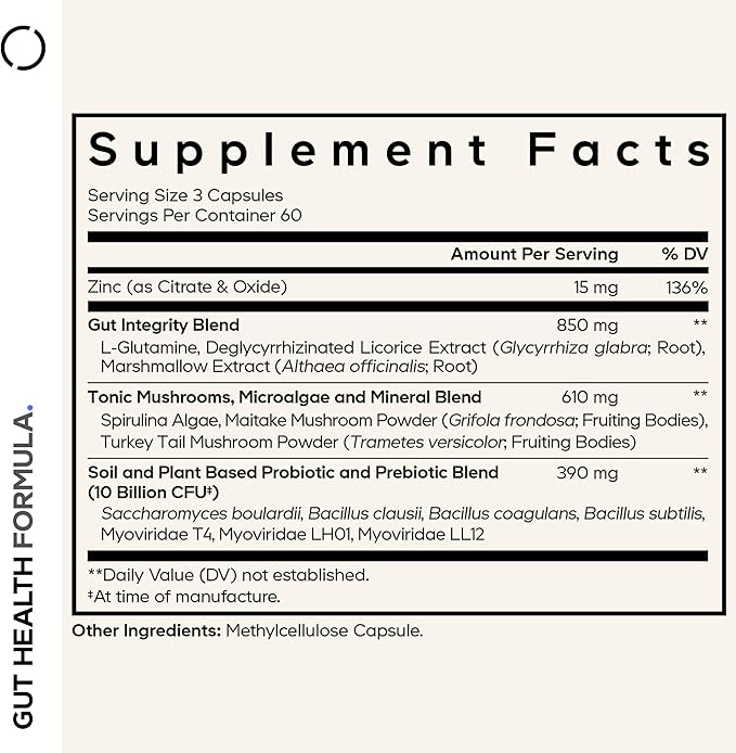 Codeage Gut Health Supplements Vegan Formula - L Glutamine, Zinc, Turkey Tail Mushroom Powder, Tonic Mushroom, Maitake, Micro Algae, Mineral, Licorice Root DGL - Probiotics, Prebiotics - 180 Capsules