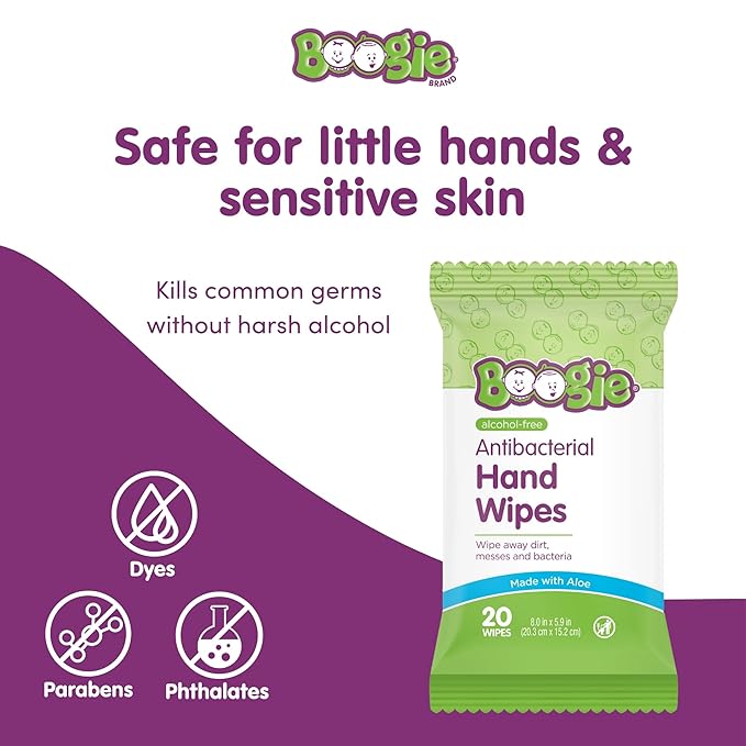 Boogie Antibacterial Hand Wipes by Boogie, Alcohol Free, Hypoallergenic and Moisturizing Aloe, for Kids and Adults -100 Total Wipes (5 Packs of 20)