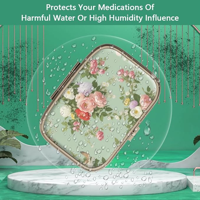 Pill Case Pill Box with Mirror Retro 2 Compartment Small Pill Case for Purse or Pocket Bronze Rectangular Pill Box or Vitamins, Fish Oil, Supplements, Pill Containe Travel Gifts（Retro Green Floral）