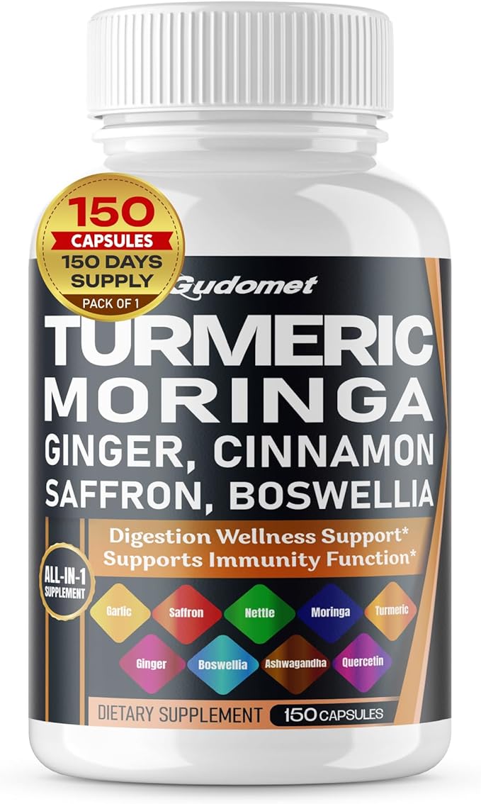 Turmeric Moringa Ginger Boswellia Quercetin Cinnamon Saffron Tart Cherry Odorless Garlic Nettle -150 Capsules