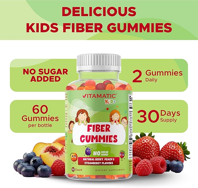 Vitamatic Kids Prebiotic Fiber Gummies – Extra Strength 4g Fiber – Zero Sugar Added – 60 Pectin-Based Gummies – Digestive Health & Regularity Support
