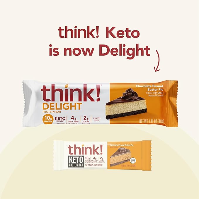 think! Keto Protein Bars, Healthy Low Carb, Low Sugar, Gluten Free Snack with No Artificial Sweeteners, 4G Net Carbs & 10G of Whey Protein - Chocolate Peanut Butter Pie (10 Count)