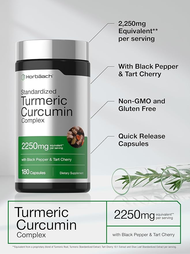 Horbäach Turmeric Curcumin Supplement | 180 Capsules | with Black Pepper & Tart Cherry | Non-GMO & Gluten Free