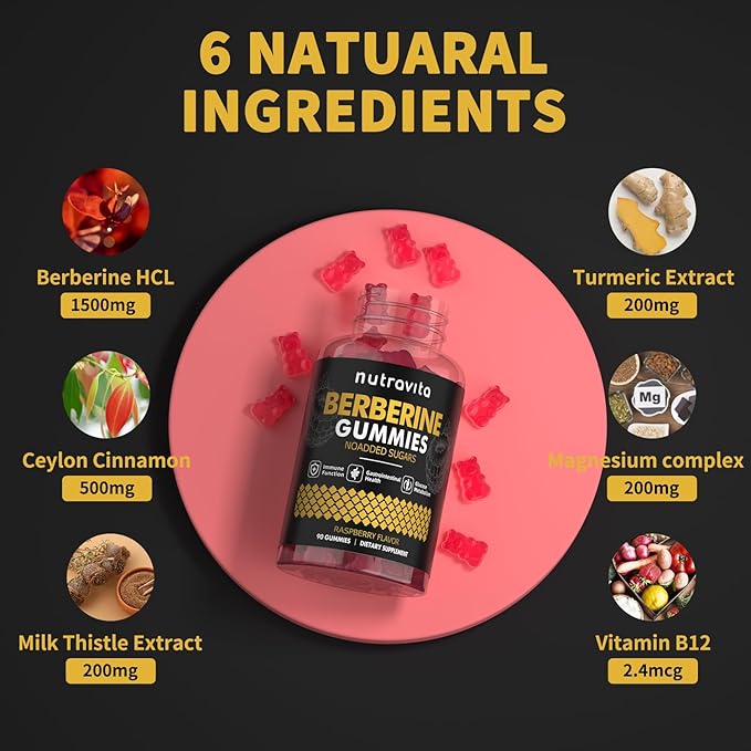 Nutravita Berberine Gummies with Ceylon Cinnamon 1500mg High Potency Berberine HCL Supplement for Immune and Metabolism Support, Sugar Free Organic Berberine Gummies Raspberry Flavor-2PACK