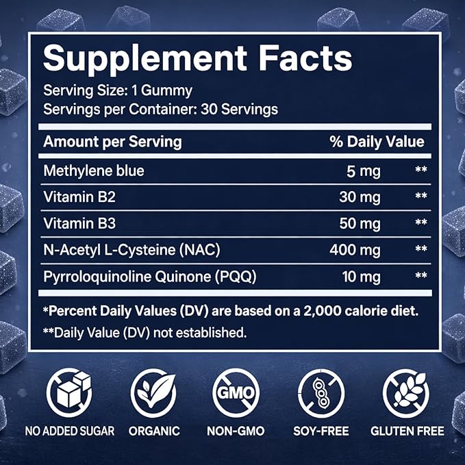 Inditropic Methylene Blue Gummies, 5mg Methylene BlueGummies for Men, Cognitive Support & Mental Focus, Boosts Cellular Energy, 99.9% Pure, Vegan, Non-GMO, 30 Gummies