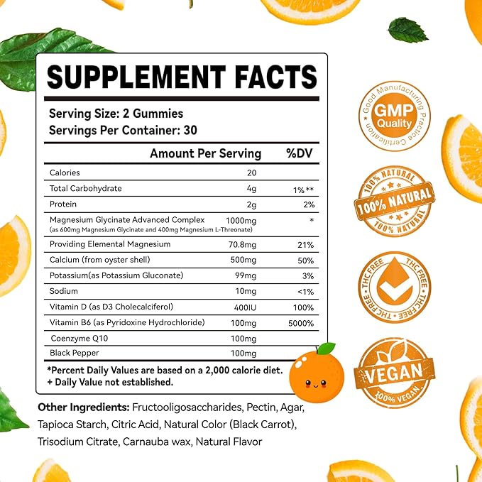 Magnesium Glycinate Gummies 1000mg - Sugar Free Magnesium Potassium Supplement with Vitamin D, B6, CoQ10 for Calm Mood & Sleep Support - 60 Orange Gummies