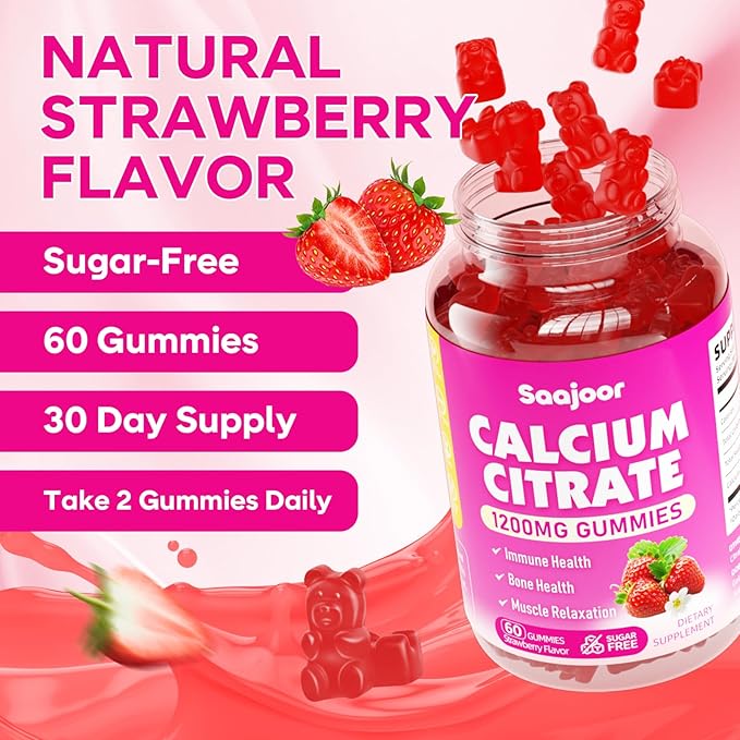 Calcium Citrate Gummies 1200 mg - High Absorption Calcium for Strong Bones, Muscles & Immune Support - Vegan, Non-GMO, Natural Strawberry Flavor, 60 Count