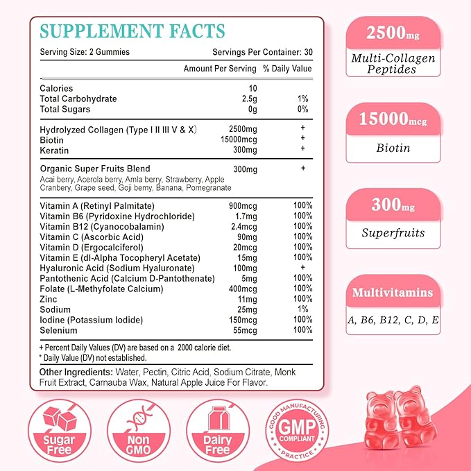 2 Pack Sugar Free Collagen Gummies for Women Men, Multi Collagen Peptides Gummies Type I II III V X with Biotin Vitamin A B C D E for Hair Skin Nails, Strawberry Flavor, 120 Count