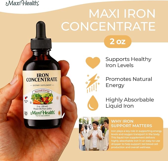 Maxi Health High Potency Liquid Iron Concentrate – Gentle Iron Supplement for Women Men & Children – Berry Flavored, Fast-Acting, Gentle on Stomach, No Constipation, Non-GMO, Kosher (2 fl oz)