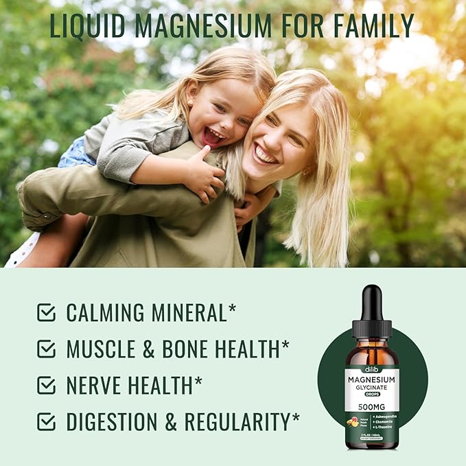 Magnesium Glycinate Liquid Drops Supplement, with Magnesium Glycinate 500mg Ashwagandha, L - Theanine, Chamomile -Support Stress Relief, Bone, Muscle, Mood Peach Flavor 2Pack