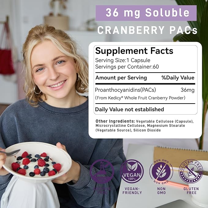 Cranberry Pills for Women with 36 mg Soluble PACs, Sourced from New England Whole Fruit Cranberries Powder, Cranberry Pills for UTI Defense & Urinary Tract Health, 60 Caps