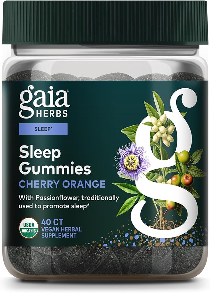 Gaia Herbs Sleep Gummies - Sleep Support*- Ashwagandha, Reishi Mushroom & Passionflower - USDA Certified Organic, Non-GMO Project Verified, Gluten Free - Cherry Orange - 40 Vegan Gummies (20 Servings)