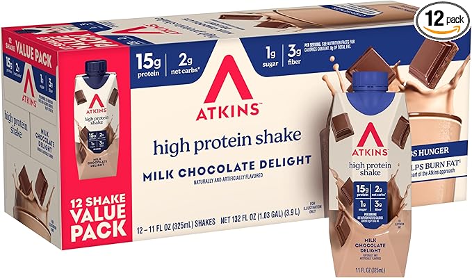 Atkins Milk Chocolate Delight High Protein Shake, 15g Protein, 2g Net Carb, 1g Sugar, Keto Friendly, Chocolate Flavored Protein Shakes, 12 Count