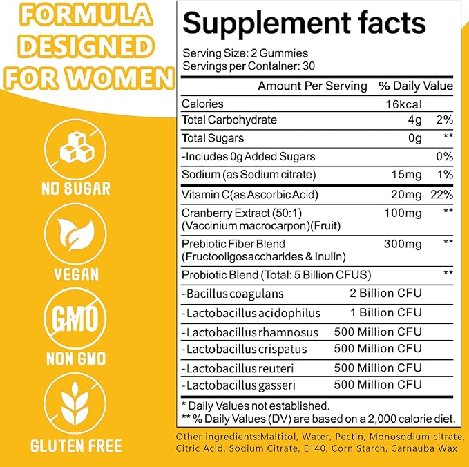Vaginal Probiotics Gummies for Women, Premium Feminine pH Balance Gummies, Healthy Odor, Yeast Balance & Flora + Vitamin C for Immune Support, 60ct Pineapple Flavor
