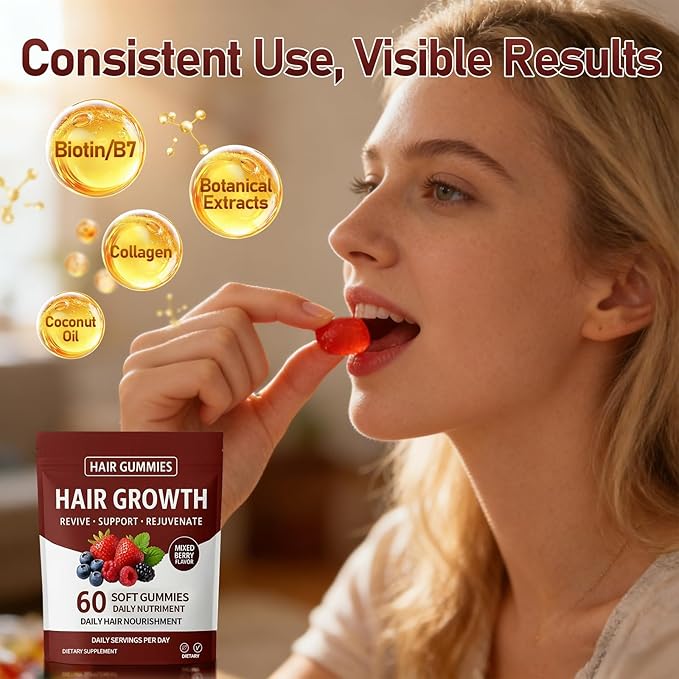 Hair Growth Gummies, Daily Hair Nourishment with Biotin, Collagen & Botanical Extracts, Supports Healthy Hair Growth & Strength, Skin & Nail Care, Non-GMO, 2pack, 120 Gummies