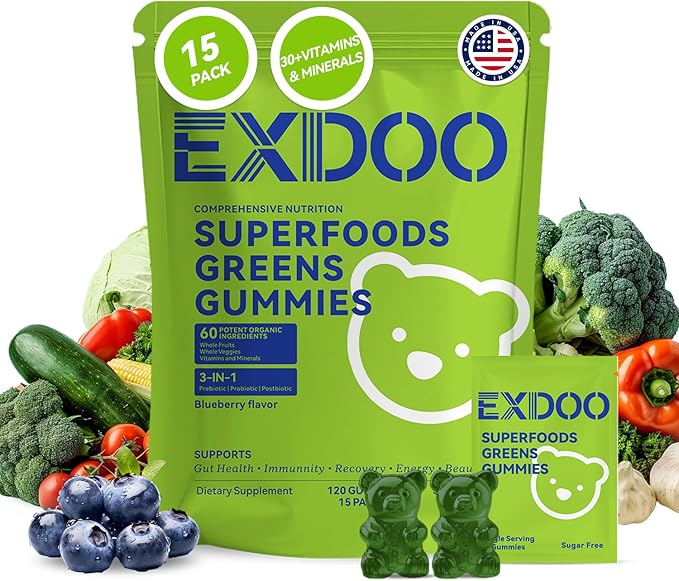 Super Greens Fiber Gummies Multivitamin Superfood Gummy with Spirulina Chlorella Prebiotic Probiotic Postbiotic for Digestive Health Supplement 15 Packs 120 Gummies