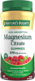 Nature's Bounty Magnesium Citrate Gummies for Adults, Supports General Health, Bone, Nerve, Muscle & Heart Health Support, 270mg per Serving, Vegan, Non-GMO - Raspberry 90 Count