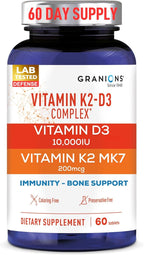 Granions Max Strength Vitamin D3 K2 Supplement - 250mcg (10,000 IU) D3 + 200mcg Vitamin K2 (MK-7) - Vitamins for Bone Health, Immune Support Supplements VIT K2D3-2 Month, 60 Tablets