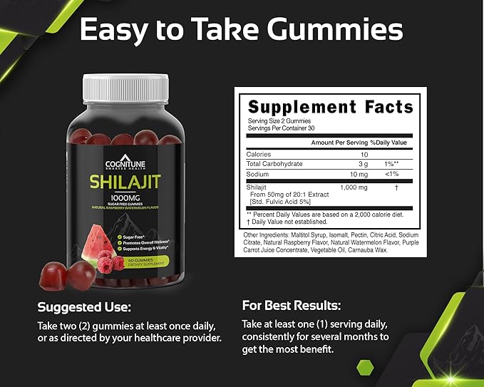 Shilajit Gummies – Pure Himalayan Shilajit Supplement with Fulvic Acid – 1000mg Natural Shilajit Pure Energy Support – Sugar-Free Raspberry Watermelon Flavor – Vegan, Non-GMO, Gluten-Free – 60 Count