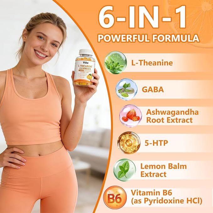 L-Theanine Gummies, Chewable L-Theanine Supplement for Adults & Kids 400mg with Ashwagandha, GABA, 5HTP for Relax, Zzz & Focus Support, Orange Flavor, 120 Counts