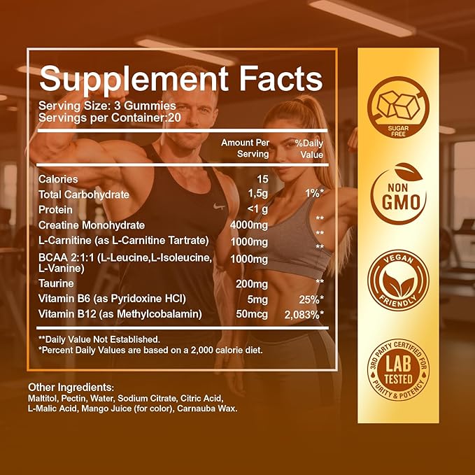 Creatine Monohydrate Gummies for Men & Women - 6205mg per Serving, Containing L-carnitine & Taurine, Post Workout Muscle Recovery, Strength & Energy Boost, Sugar Free & Vegan (60, Mango)