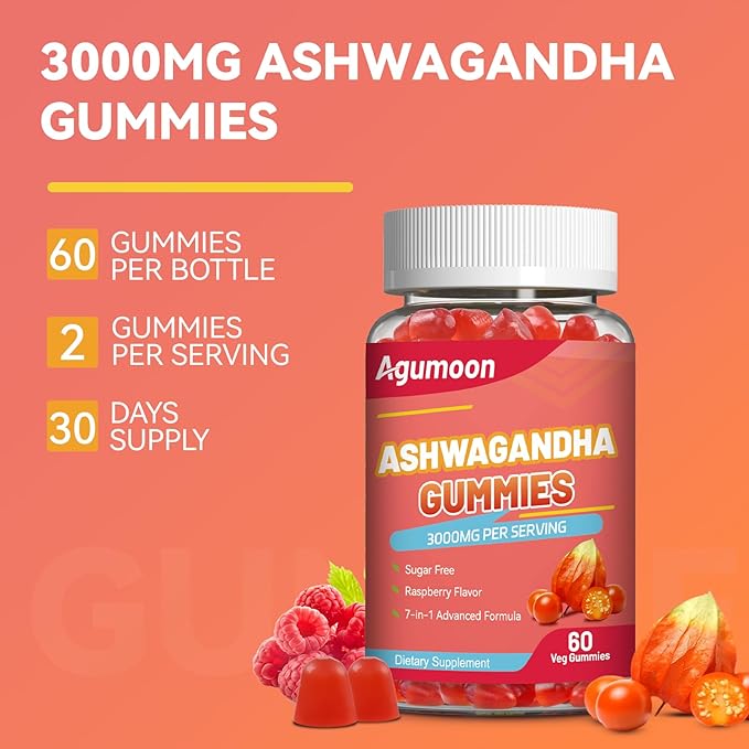Ashwagandha Gummies 3000mg for Stress Relief, Calm & Relaxation Support with Magnesium & Vitamin D, Vegan, Gluten-Free, Natural Raspberry Flavor, 60 Count