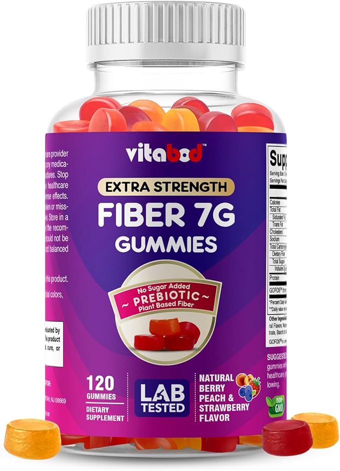 Vitabod Fiber Gummies 7G Per Serving for Digestive Health & Regularity, Prebiotic GOFOS™ Plant-Based Fiber, No Sugar Added, Vegan, Berry Peach Strawberry, 120 Gummies (Adults, Women & Men)