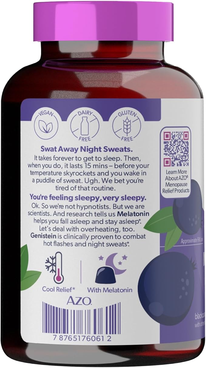 AZO® Nighttime Menopause Gummies + Melatonin to Support Restful Sleep*, Clinically Proven Ingredient for Hot Flashes and Night Sweats, Menopause Supplements for Women - 30 Gummies