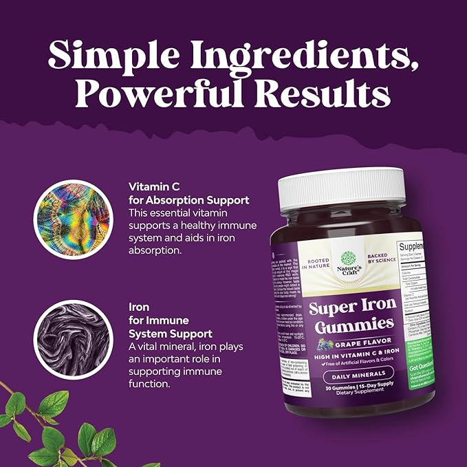 Extra Strength Iron Supplement Gummies for Women & Men - Chewable Iron with Vitamin C & B Complex for Energy Blood Builder & Immune Support - Increase Red Blood Cells Supplement - 30 Count