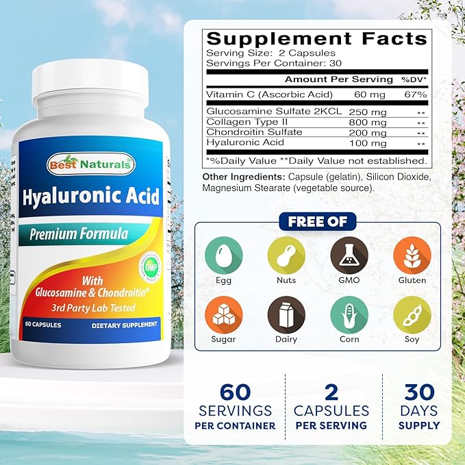 Best Naturals Hyaluronic Acid 100 mg 60 Capsules - Support Healthy Joints and Youthful Skin