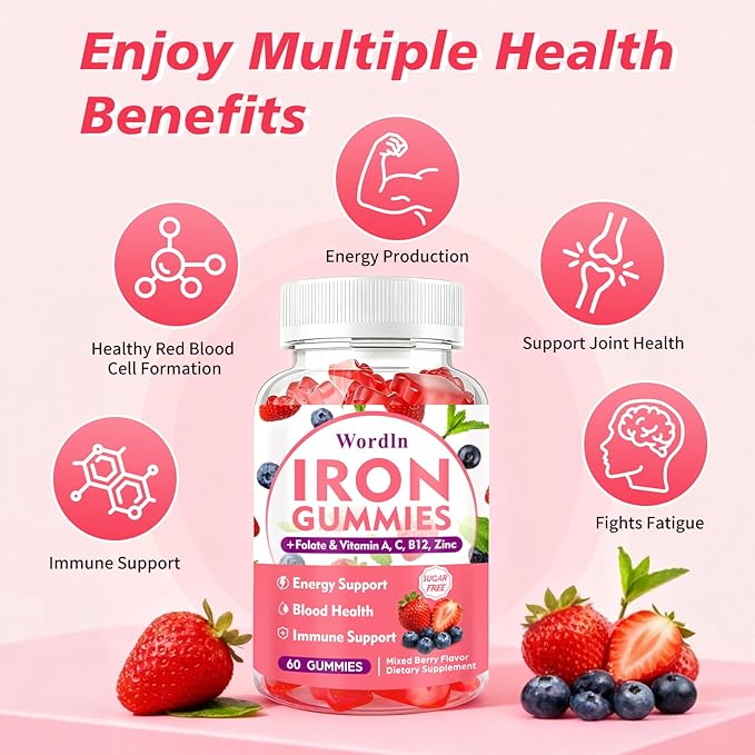 Iron Gummies for Women, Men & Kids, Vegan Iron Supplement with Vitamin C, B12, Folate for Energy Support & Immune Health, Sugar Free, 60 Gummies (Pack of 1)