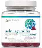 Youtheory Ashwagandha - Vegetarian Energy & Stress Support Supplement with Organic KSM-66 & Ginger Extract - Cane Sugar-Mixed Berry, 60 Gummies (20 Day Supply)